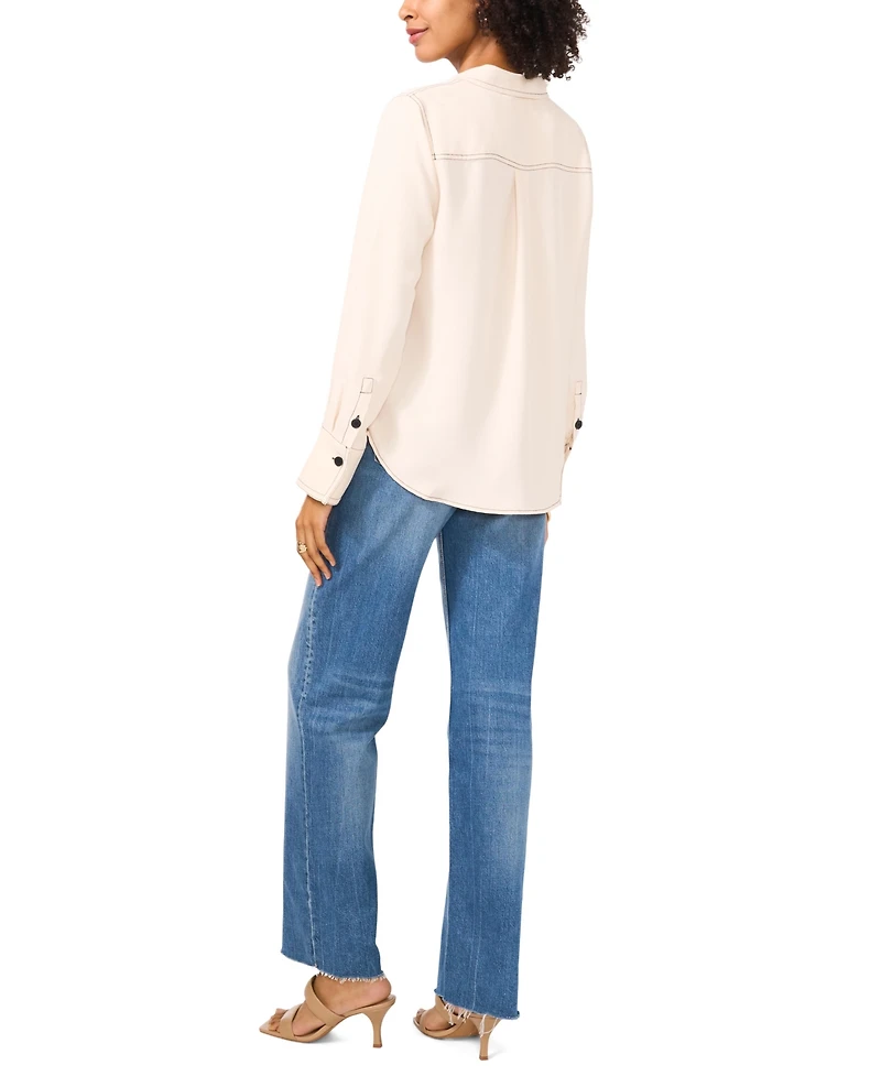 Vince Camuto Women's Contrast Stitch Button Front Collared Top
