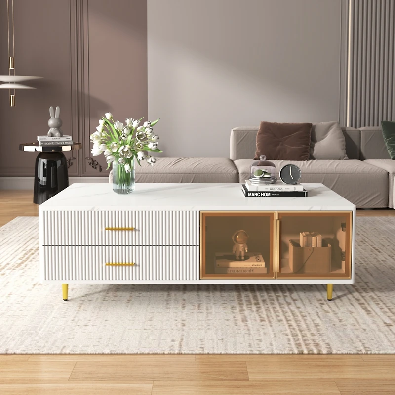 Streamdale White Coffee Table with Storage, Gold Legs, Led Lighting (47.2")