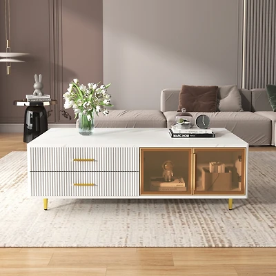 Streamdale White Coffee Table with Storage, Gold Legs, Led Lighting (47.2")