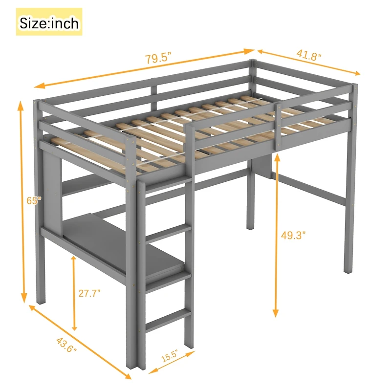 Streamdale Furniture Twin Loft Bed with Desk, Bookcase, Guardrails