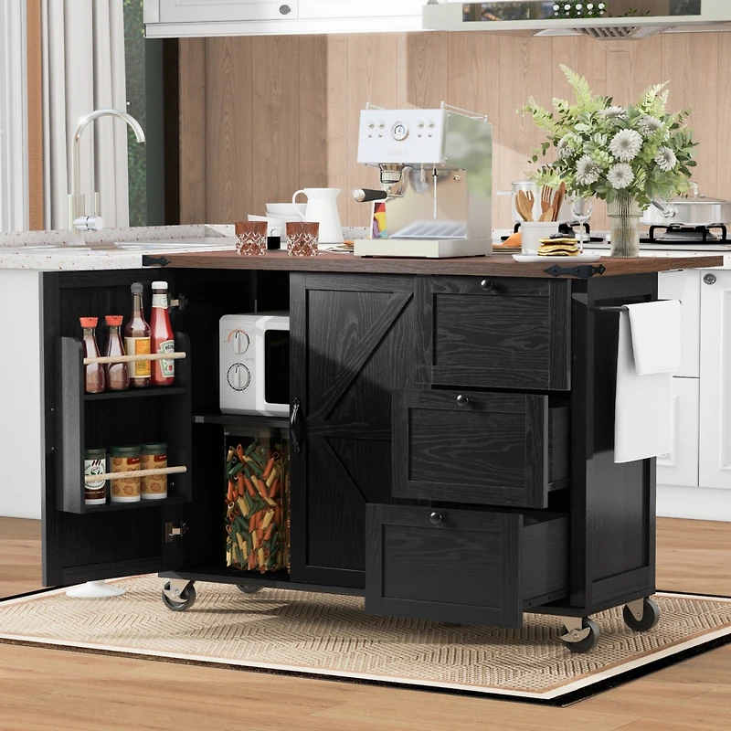 Streamdale Black Farmhouse Kitchen Island w/ Storage, Drop Leaf, Outlet