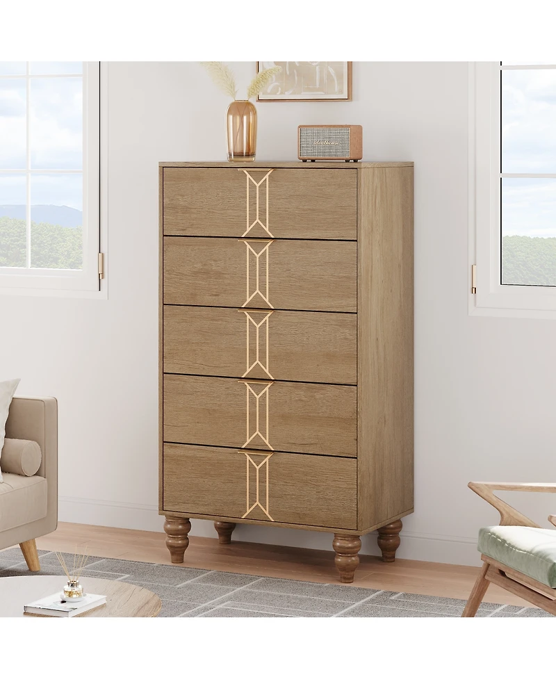 gaomon 5 Drawer Dresser with Deep Drawers for Bedroom, Modern Wooden Chest Dresser with Deep Drawers with Vintage Pattern Design, Oak and Gold_48.23"D