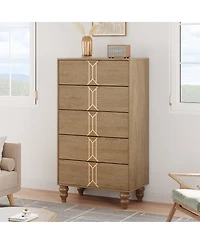gaomon 5 Drawer Dresser with Deep Drawers for Bedroom, Modern Wooden Chest Dresser with Deep Drawers with Vintage Pattern Design, Oak and Gold_48.23"D