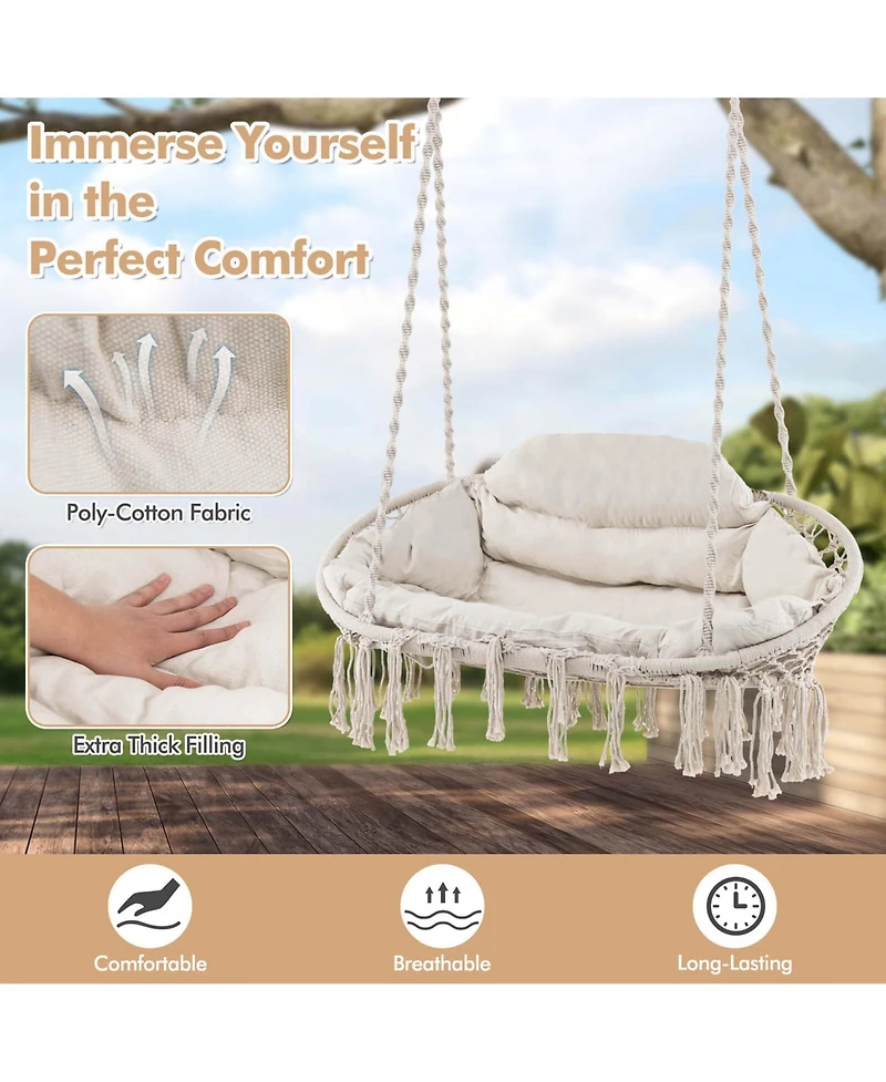 Swing Chair Hand-Woven Rope Hanging Chair with Thick Cushion & Folding Metal Frame