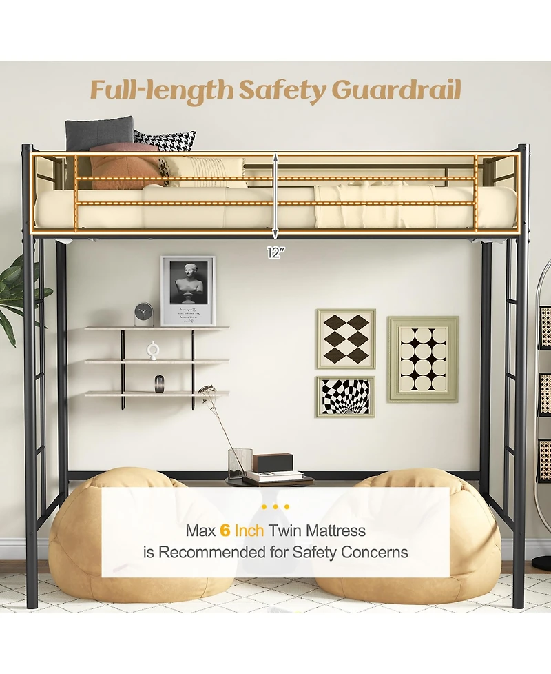 Gymax Metal Twin Loft Bed Space-saving Loft Bed Frame w/ Full-length Safety Guardrail 2 Ladders Black