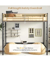 Gymax Metal Twin Loft Bed Space-saving Loft Bed Frame w/ Full-length Safety Guardrail 2 Ladders Black