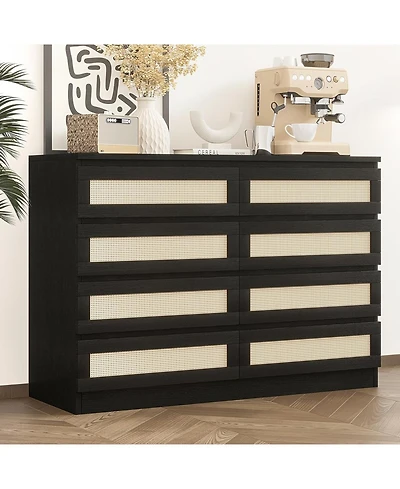 8 Drawer Double Dresser for Bedroom, Rattan Chest of Dressers, Modern Wooden Dresser Chest, Beside Table for Closet, Nursery, Living Room and Entryway