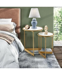 Skonyon Round Nesting Table Set of 2 with Marble-like Tabletop-White