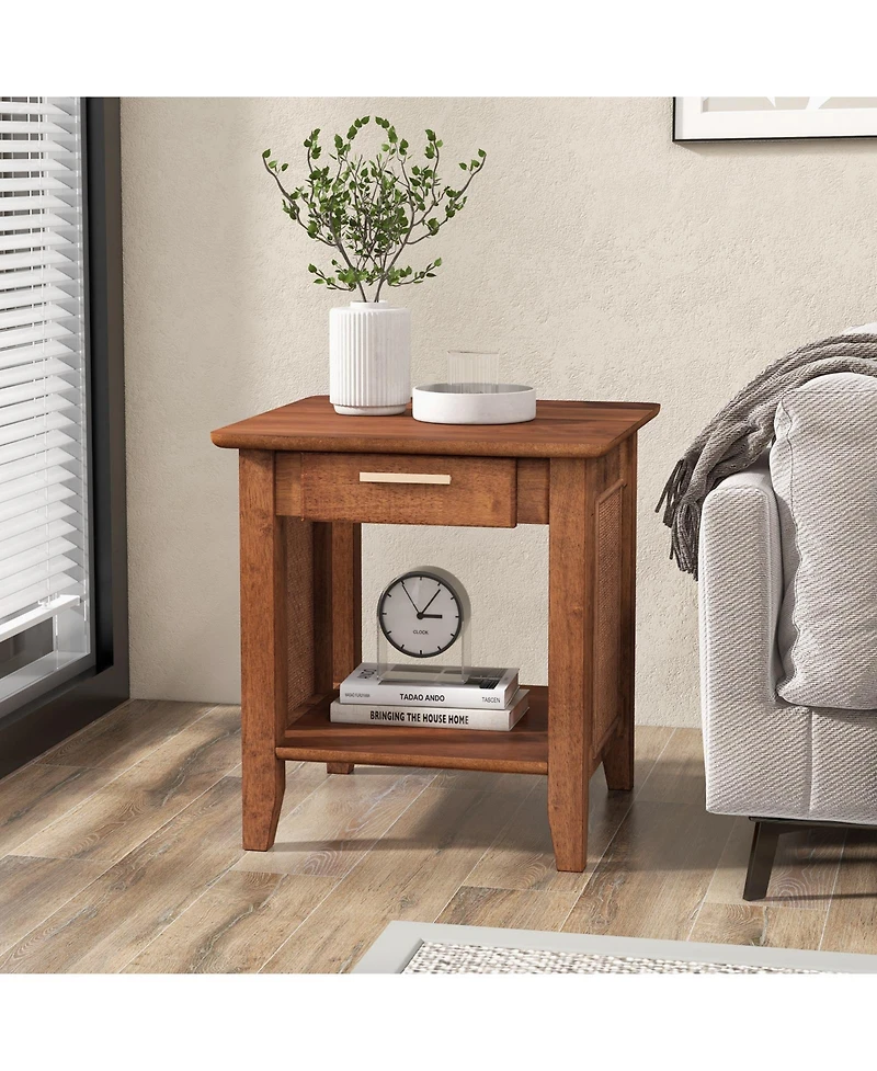 Skonyon Rattan Nightstand End Table with Drawer and Storage Shelf-Walnut