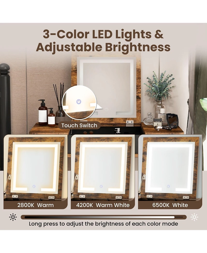 Skonyon Vanity Table Set with Flip Top Mirror Lights Usb Writing Desk and Stool-Brown