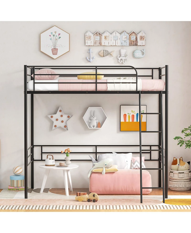 Skonyon Twin Metal Loft Bed Frame with Ladder and Metal Slats Support-Black