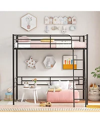 Skonyon Twin Metal Loft Bed Frame with Ladder and Metal Slats Support-Black