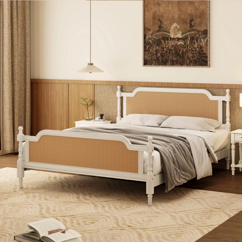 Streamdale Rattan Queen Bed Frame, Antique White