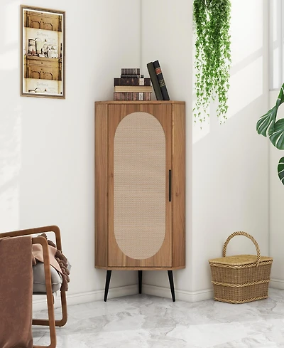 Simplie Fun Freestanding Corner Table with Rattan Door
