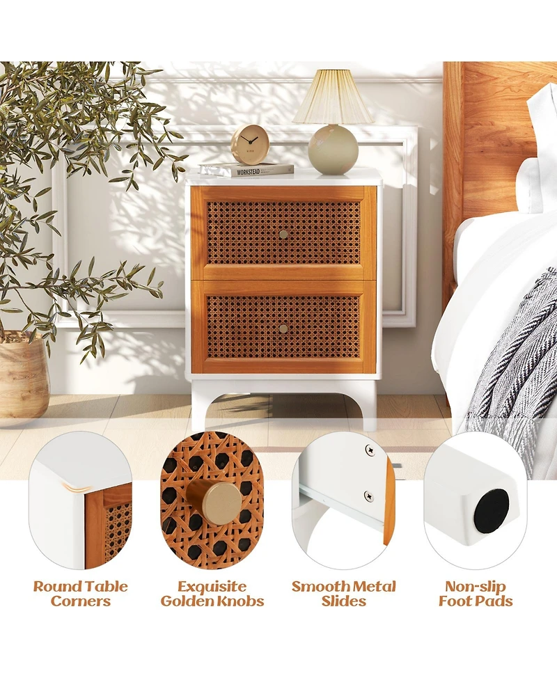 Sugift Boho Accent Table Nightstand with 2 Handwoven Rattan Decorated Drawers-White