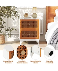Sugift Boho Accent Table Nightstand with 2 Handwoven Rattan Decorated Drawers-White