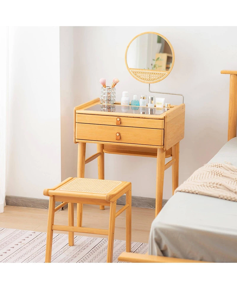Sugift Bamboo Makeup Vanity Table with Stool and Rotating Mirror