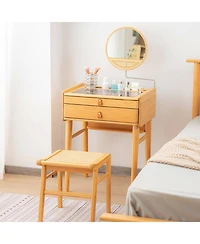 Sugift Bamboo Makeup Vanity Table with Stool and Rotating Mirror