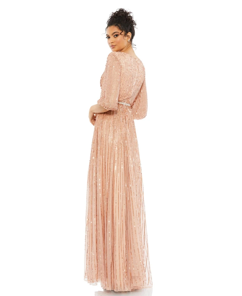 Mac Duggal Women's Sequined Wrap Over 3/4 Sleeve Gown