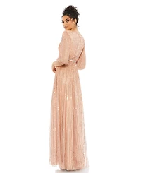 Mac Duggal Women's Sequined Wrap Over 3/4 Sleeve Gown