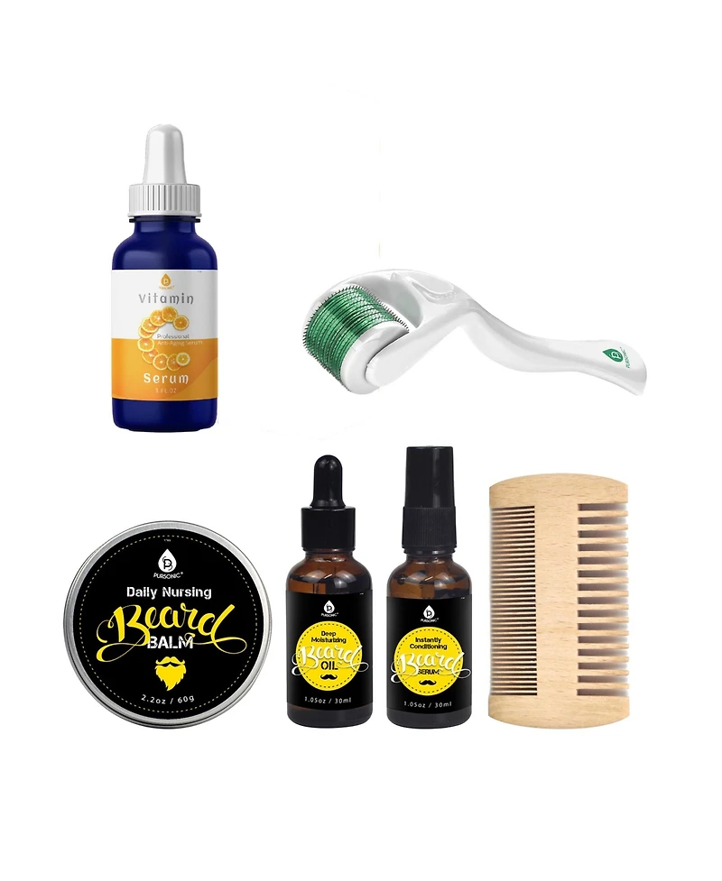 Pursonic Beard Care Grooming Kit, Micro Needle Derma Roller 0.5 mm, and Vitamin C Serum (3 fl. oz) Gift Bundle