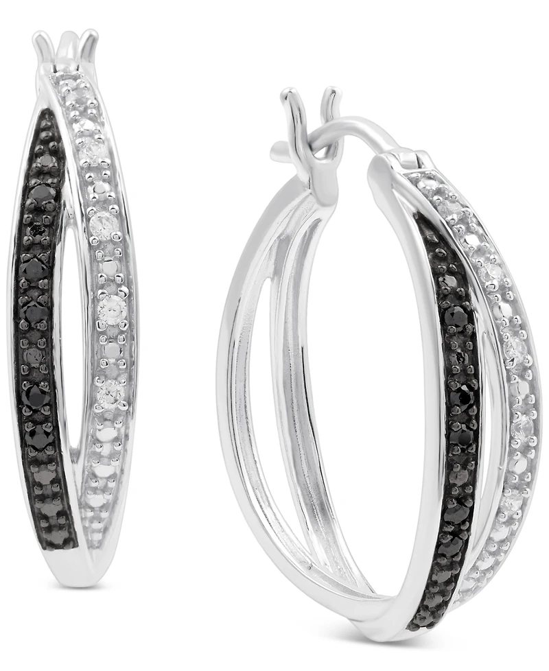 Black & White Diamond Double Crossover Small Hoop Earrings (1/6 ct. t.w.) in Sterling Silver