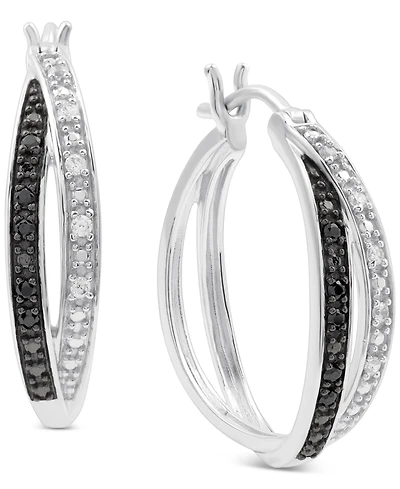 Black & White Diamond Double Crossover Small Hoop Earrings (1/6 ct. t.w.) in Sterling Silver