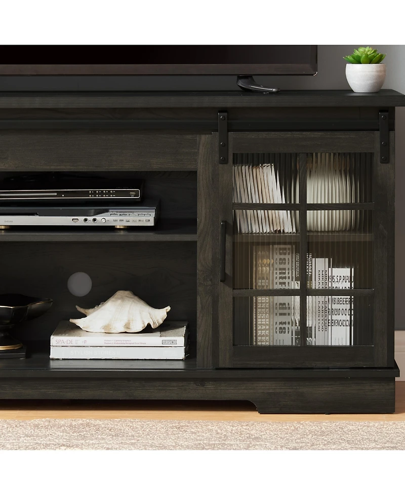 Sliding Door Tv Stand with Sliding Glass Doors, Charcoal Grey