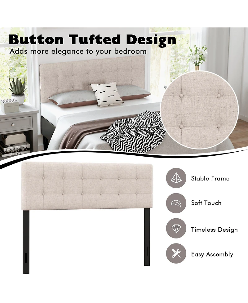 Linen Upholstered Headboard with Solid Rubber Wood Legs-Gray