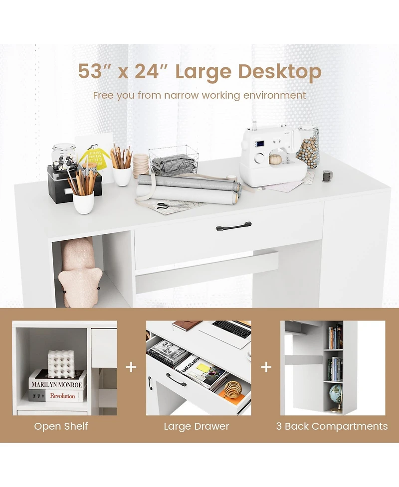 Counter Height Sewing Craft Table Computer Desk with Adjustable Shelves and Drawer-White