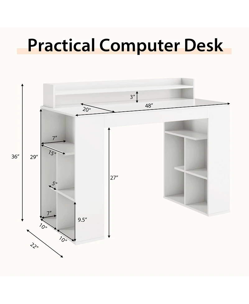 Skonyon Computer Desk with Dual 3-Tier Bookshelf and Monitor Shelf-White