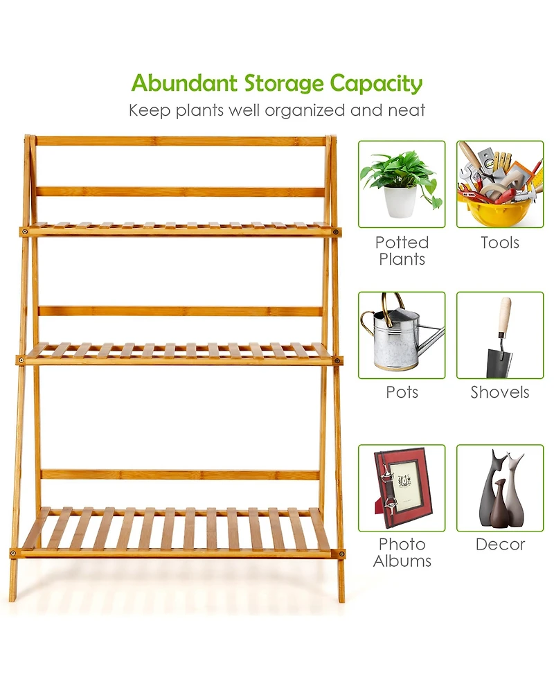 3 Tier Outdoor Bamboo Flower Pot Shelf Stand Folding Display Rack Garden Yard