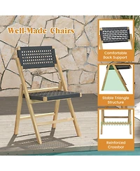 Sugift Set of 2 Folding Chairs Indonesia Teak Wood Dining Chairs with Woven Rope Seat and Back