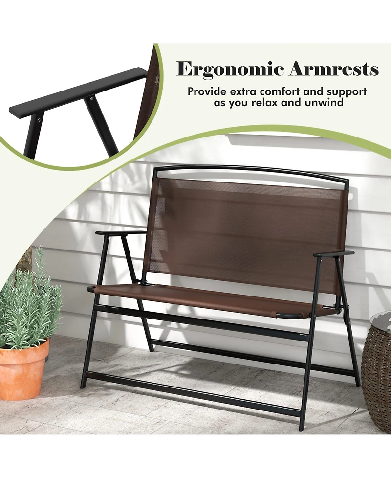 Folding Outdoor Garden Bench 2-Person Patio Bench with Backrest and Armrests