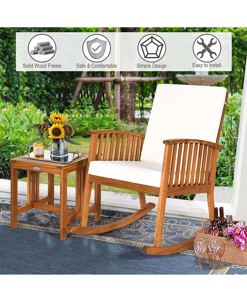 Costway 3 Pieces Acacia Wood Rocking Bistro Set with Coffee Table and Cushions for Lawn