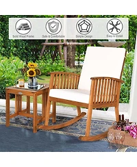 Costway 3 Pieces Acacia Wood Rocking Bistro Set with Coffee Table and Cushions for Lawn