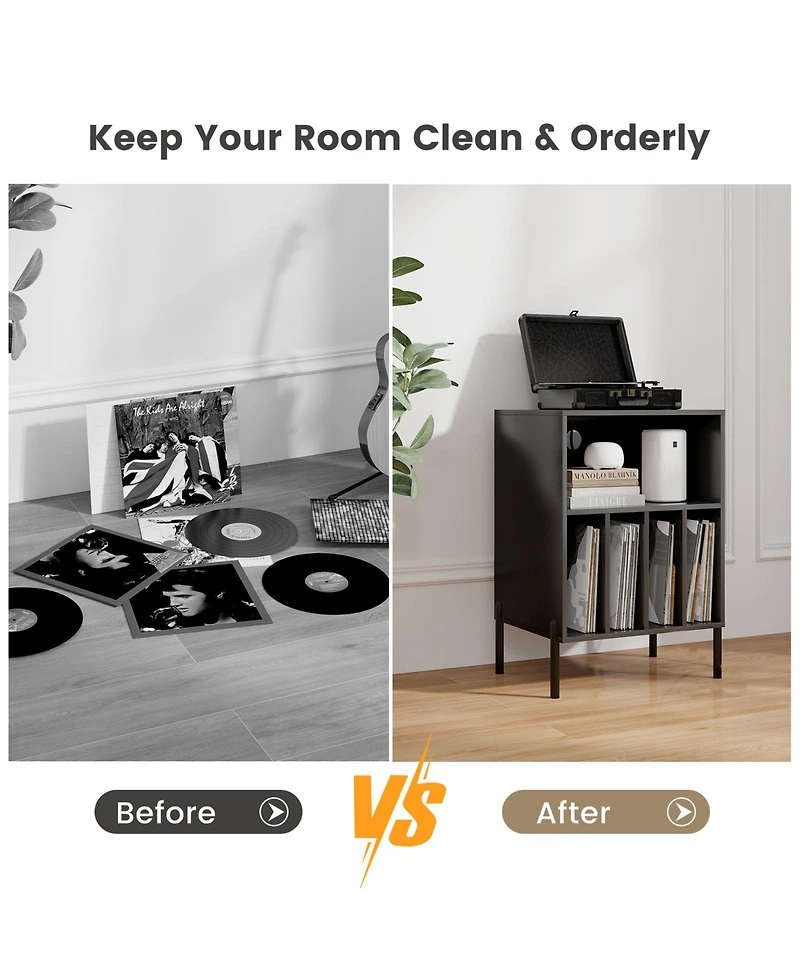 Skonyon Record Player Stand with Record Storage Shelf and Charging Station-Black