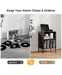 Skonyon Record Player Stand with Record Storage Shelf and Charging Station-Black