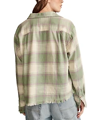 Lucky Brand Women's Cotton Raw Edge Plaid Cropped Button Down Top