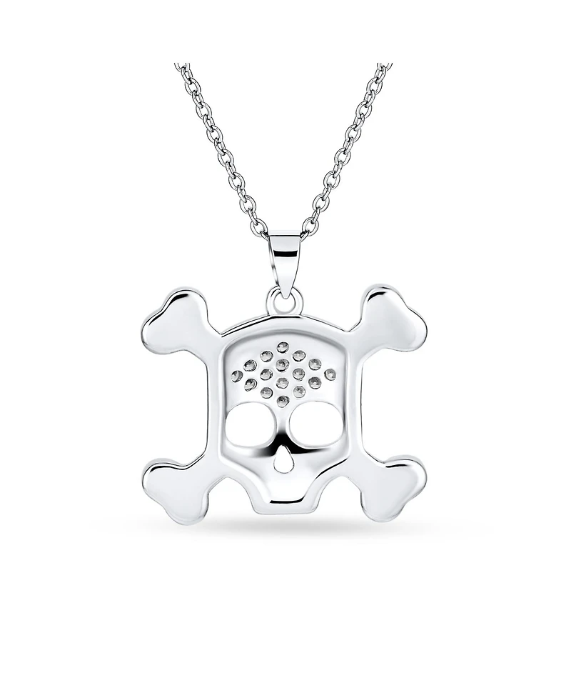 Bling Jewelry Goth Biker Chick Pirate Skull And Crossbones Pave Cubic Zirconia Cz Pendant Necklace Sterling Silver