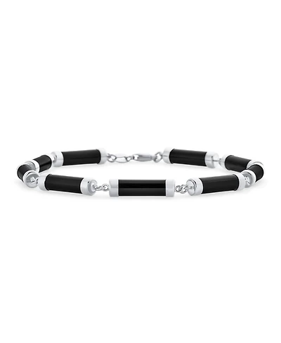Bling Jewelry Asian Style Black Natural Onyx Strand Tube Bar Link Bracelet Sterling Silver 7.5 Inch