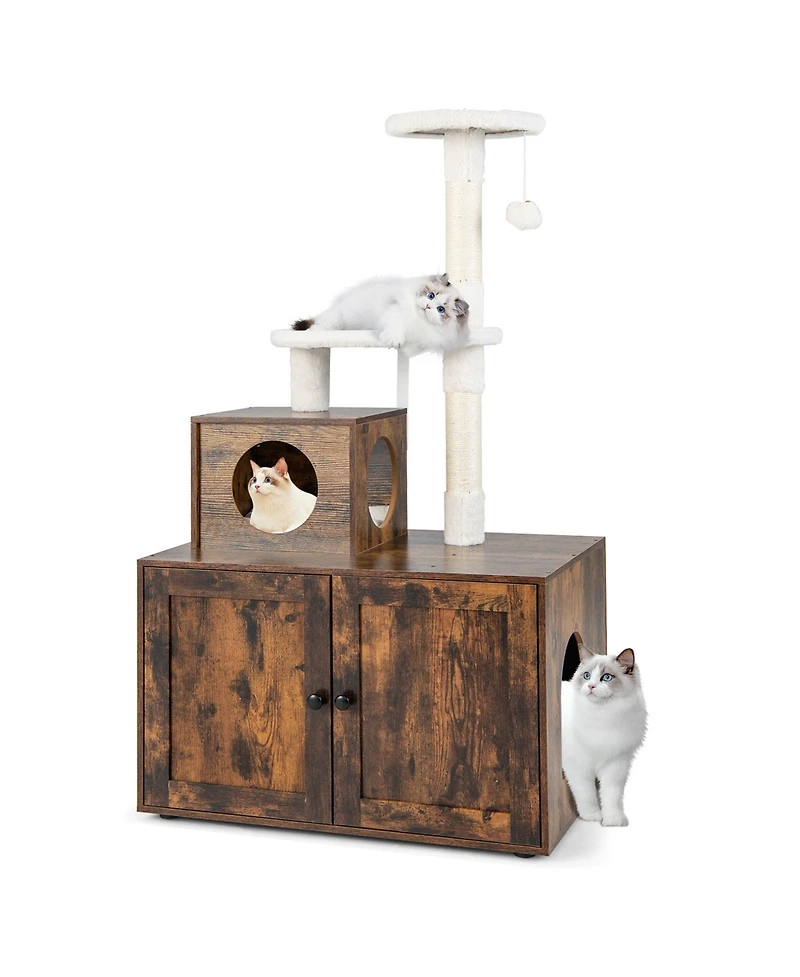 2-in-1 Wooden Litter Box Enclosure with Cat Tree Hidden Washroom Furniture