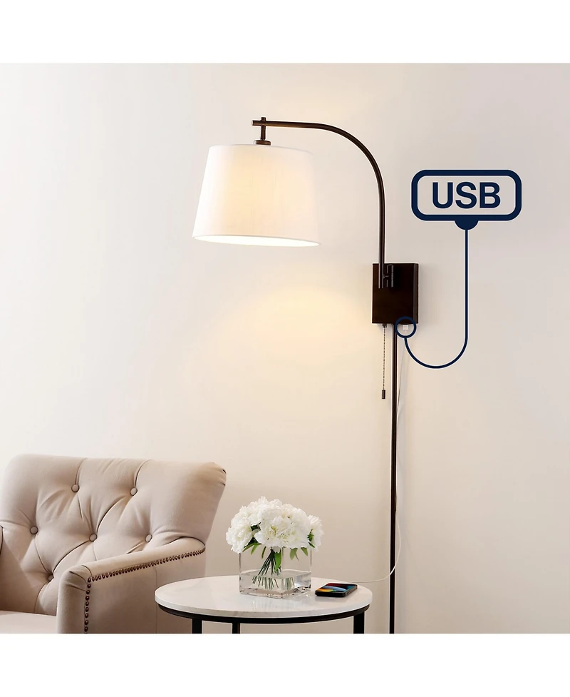 Jonathan Y Gosling 22.5" 1-Light Mid-Century Modern Plug-In or Hardwired Iron Led Gooseneck Swing Arm Wall Sconce with Pull-Chain and Usb Charging Por