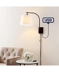 Jonathan Y Gosling 22.5" 1-Light Mid-Century Modern Plug-In or Hardwired Iron Led Gooseneck Swing Arm Wall Sconce with Pull-Chain and Usb Charging Por