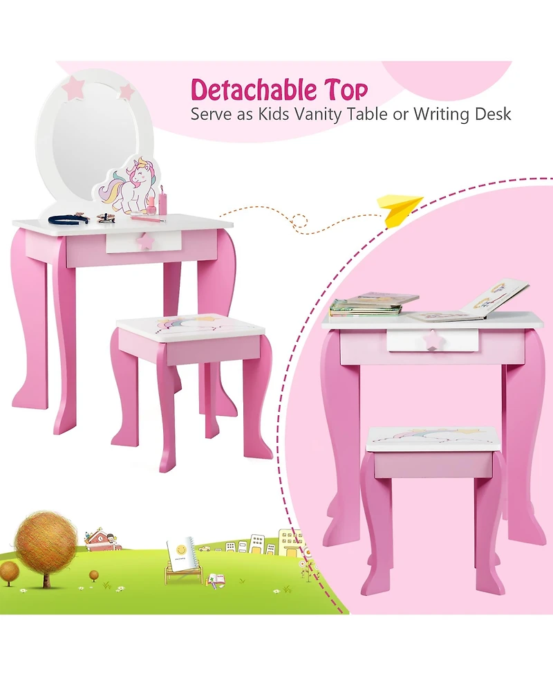Kids Vanity Makeup Dressing Table Chair Set Wooden