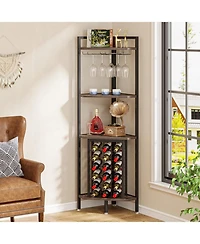 Tribesigns Corner Wine Rack with Glass Holder and Storage Shelves, 4 Tier Corner Bar Corner Wine Cabinet, Industrial Corner Wine Shelf for Living Room