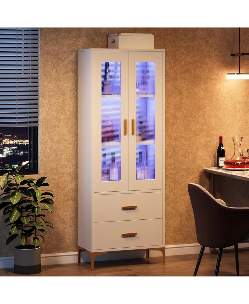 Tribesigns Bookcase with Doors and Led Light,Bookshelf with 2 Drawers, Freestanding Tall Storage Cabinet for Living Room, Bathroom, Office, Kitchen