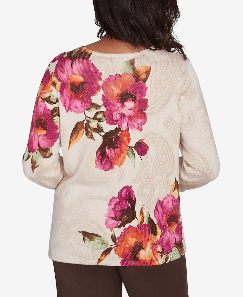 Alfred Dunner Petite Wine Country Watercolor Floral Beaded Split Neck Top
