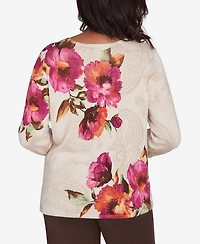 Alfred Dunner Petite Wine Country Watercolor Floral Beaded Split Neck Top