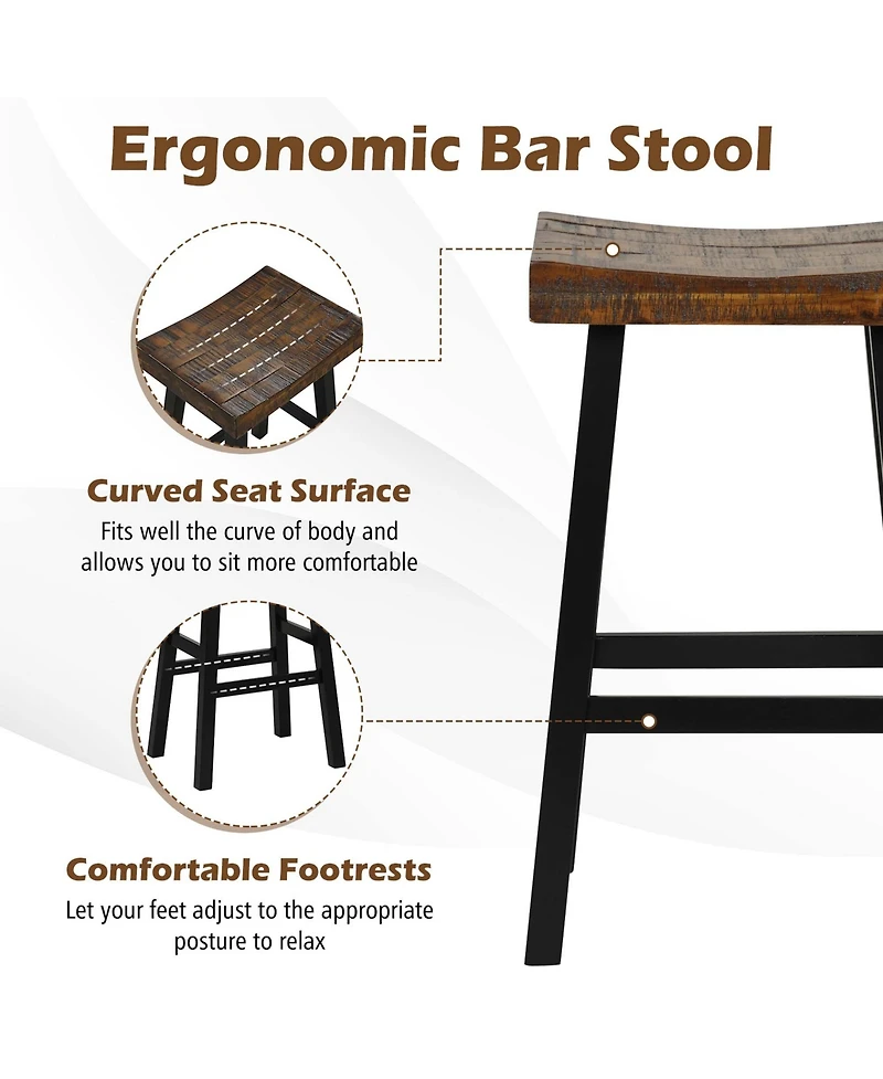 24" Bar Stool Set of 2 Counter Height Solid Wood Curved Saddle Seat Footrest